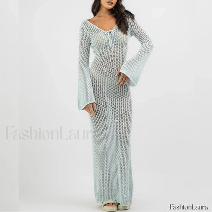 Knitted Long Sleeve V Neck Tie Up Cover Up Blue / S