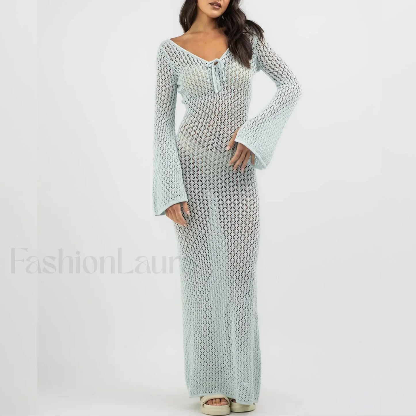 Knitted Long Sleeve V Neck Tie Up Cover Up Blue / S