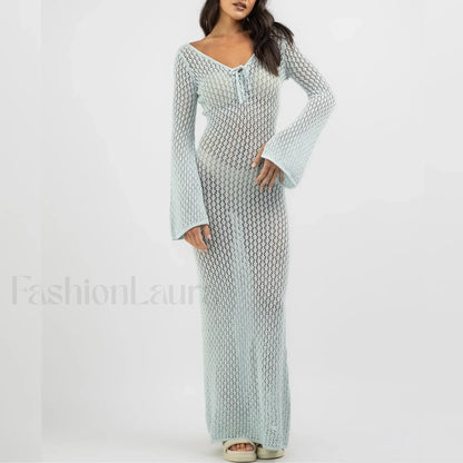 Knitted Long Sleeve V Neck Tie Up Cover Up Blue / S