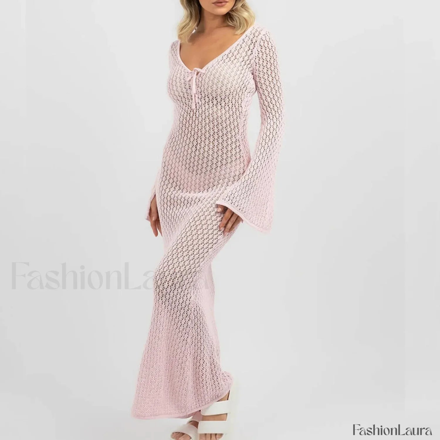 Knitted Long Sleeve V Neck Tie Up Cover Up Pink / S