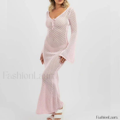 Knitted Long Sleeve V Neck Tie Up Cover Up Pink / S