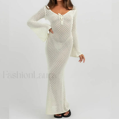 Knitted Long Sleeve V Neck Tie Up Cover Up WHITE / S