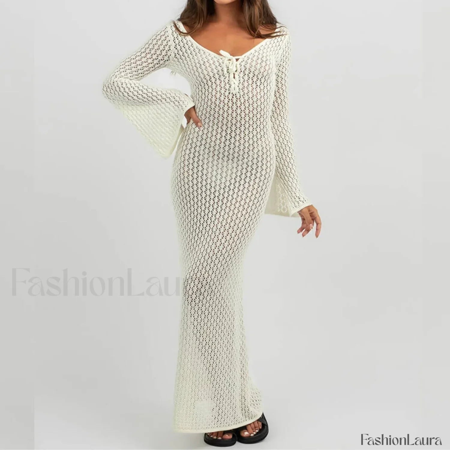 Knitted Long Sleeve V Neck Tie Up Cover Up WHITE / S