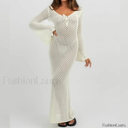Knitted Long Sleeve V Neck Tie Up Cover Up WHITE / S