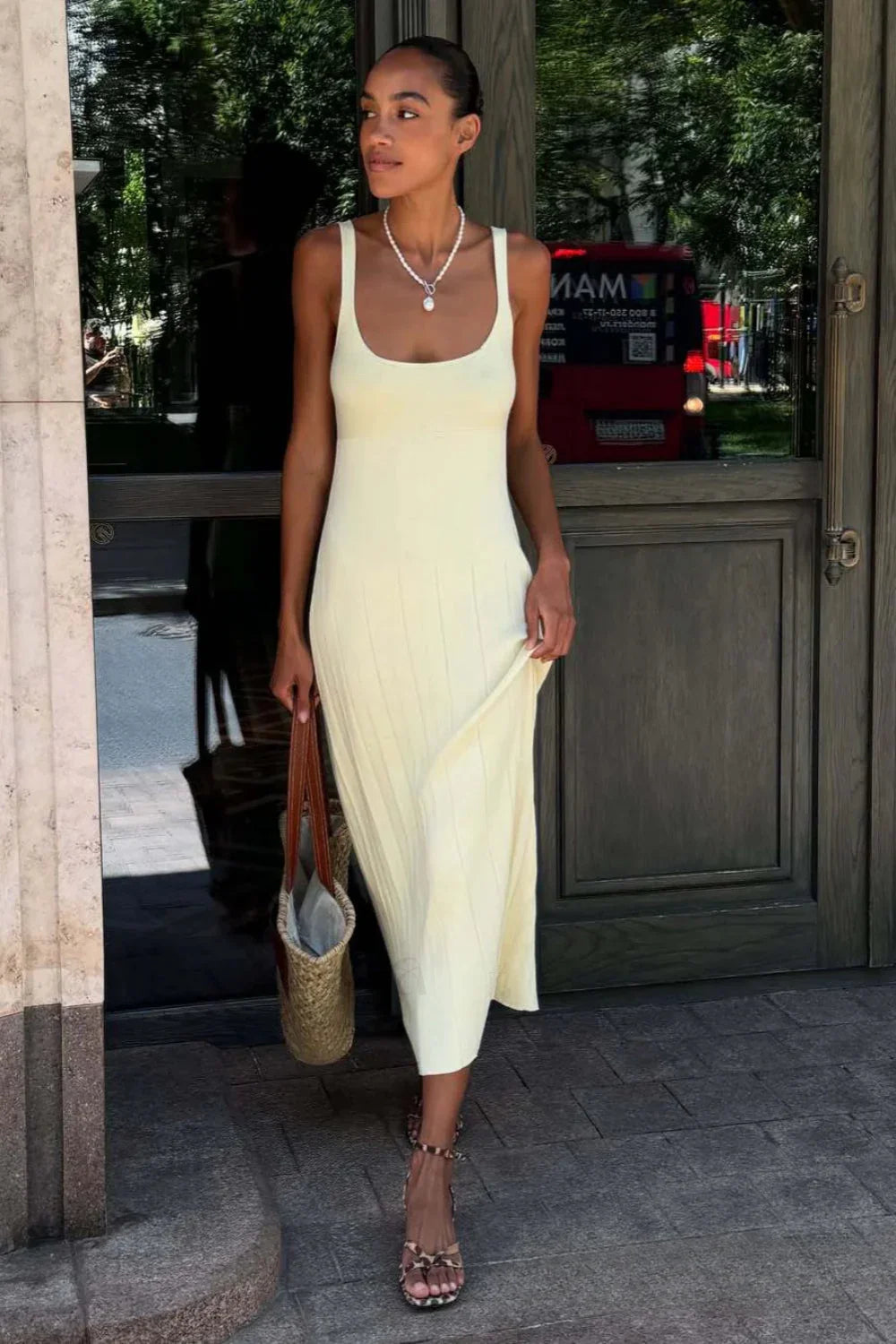 Knitted Sleeveless Halter Strappy Maxi Dress Light yellow / S