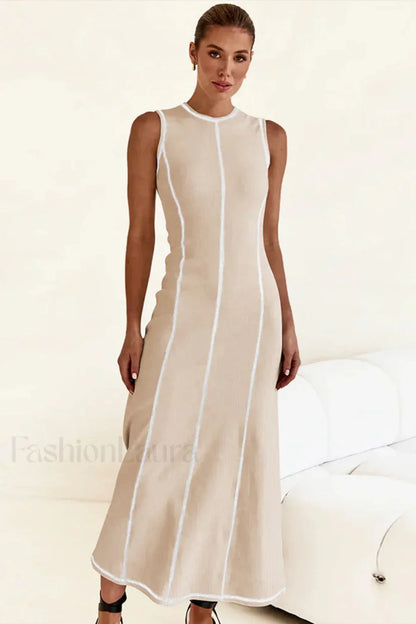 Knitted Sleeveless Round Neck A Line Slip Dress Apricot White / S