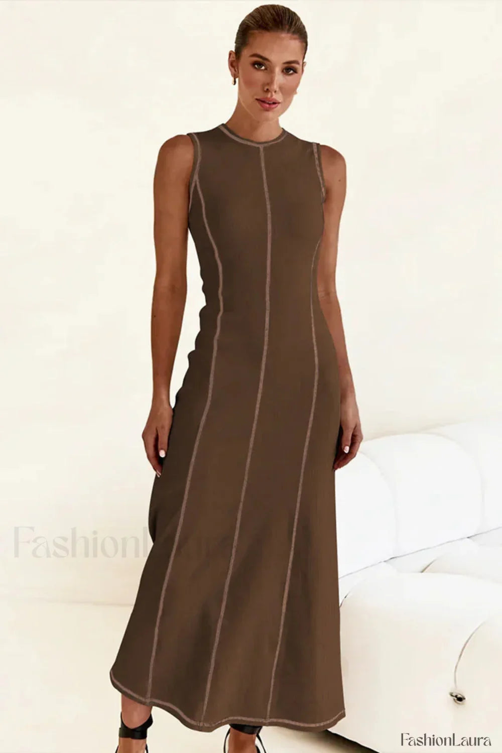 Knitted Sleeveless Round Neck A Line Slip Dress Coffee / S