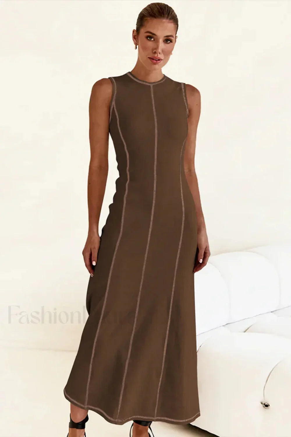 Knitted Sleeveless Round Neck A Line Slip Dress Coffee / S