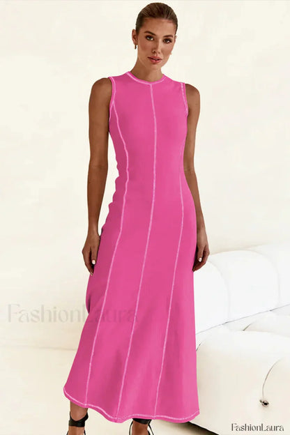 Knitted Sleeveless Round Neck A Line Slip Dress Rose Red / S