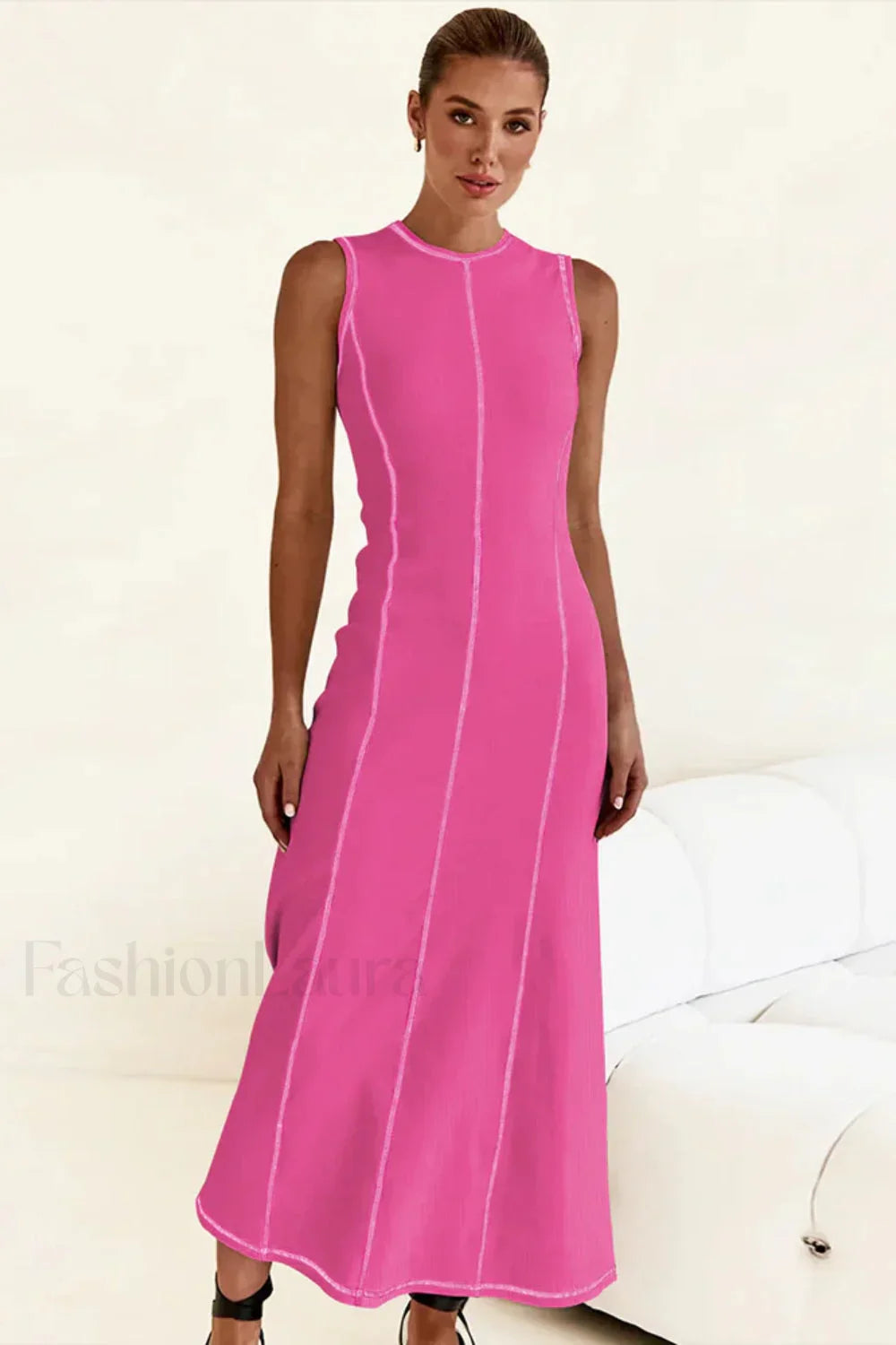 Knitted Sleeveless Round Neck A Line Slip Dress Rose Red / S