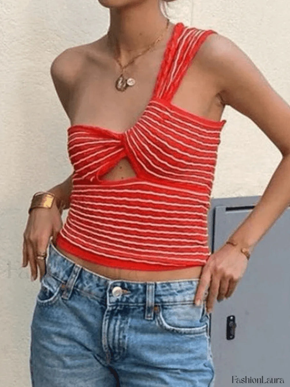 Knitted Stripe One Shoulder Tank Top Tops&Tees