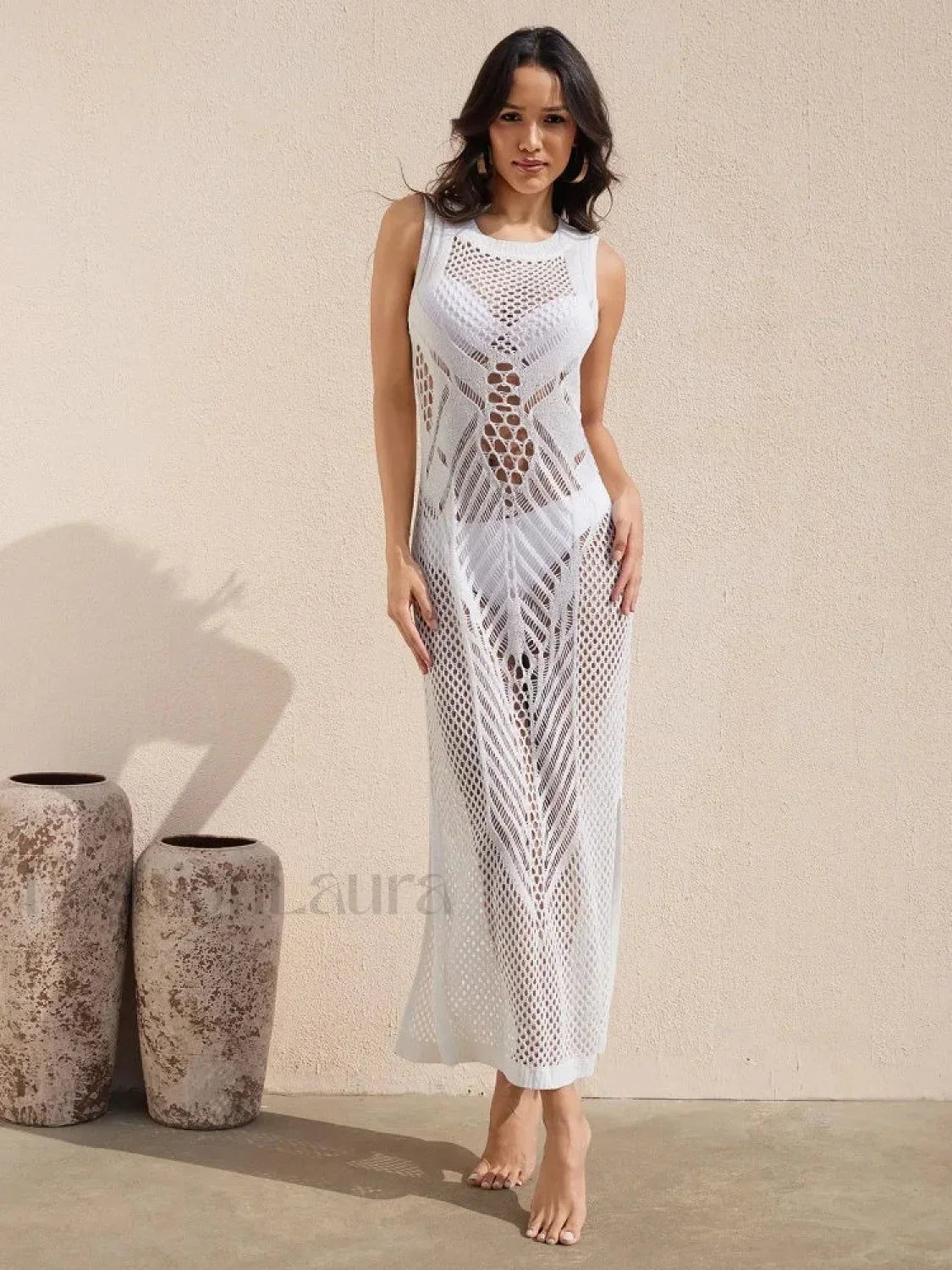 Knitted Transparent Long Dress Cover Up WHITE / One Size