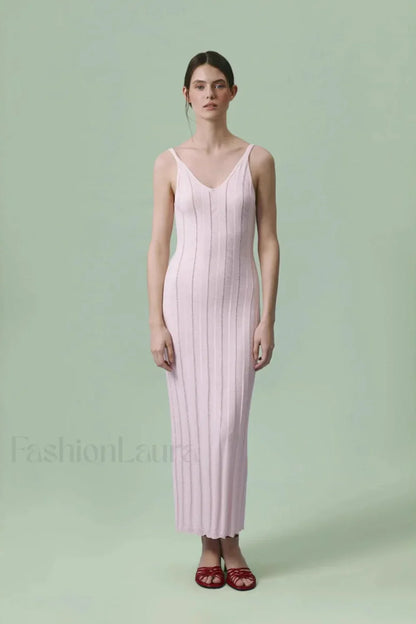 Knitted V Neck Sleeveless Halter Maxi Dress