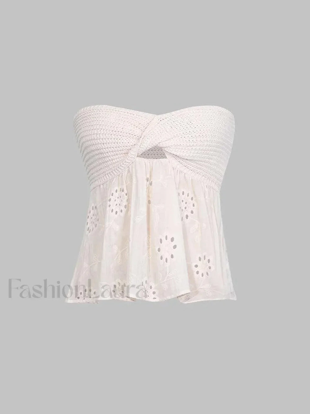 Knot Front Knit Embroidered Tube Top White / S Tops&Tees