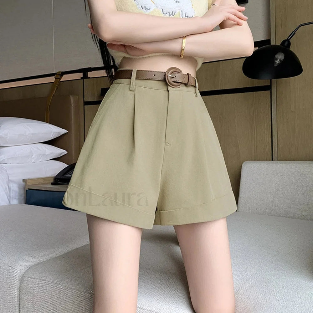 Korean Chic Rolled High Waist A line Loose Shorts Khaki / S