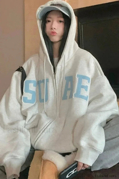 Korean Style Letter Print Drawstring Hoodie White / M
