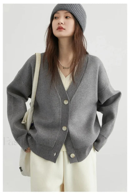 Korean Style Long Sleeve Cardigan Grey / S