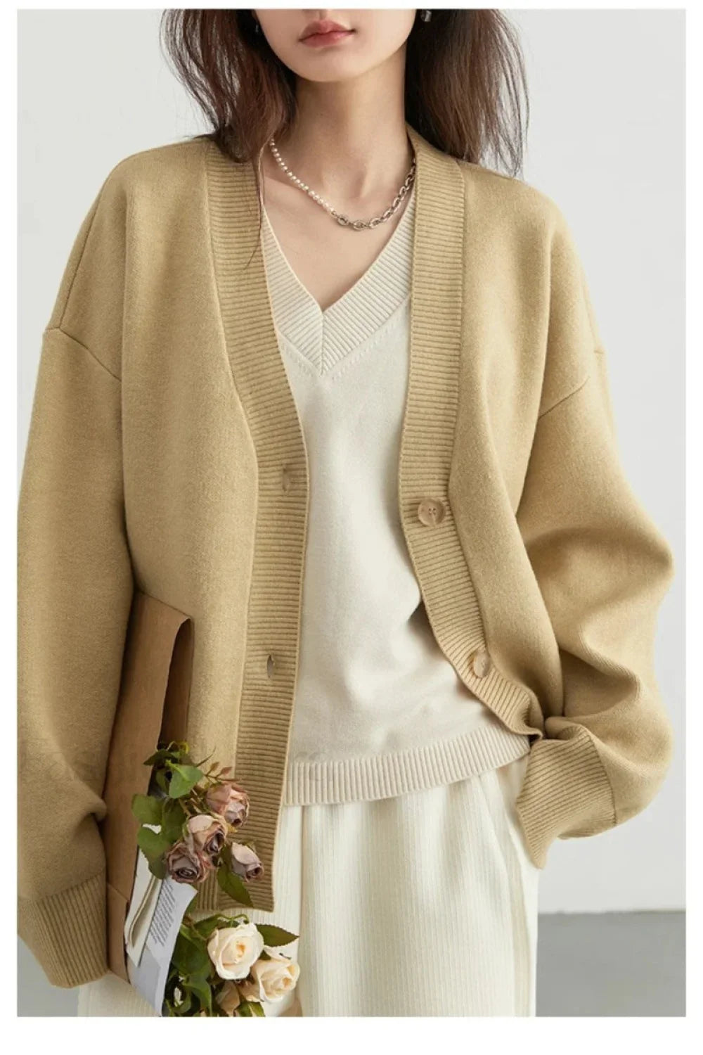 Korean Style Long Sleeve Cardigan Khaki / S