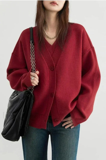 Korean Style Long Sleeve Cardigan Red / S