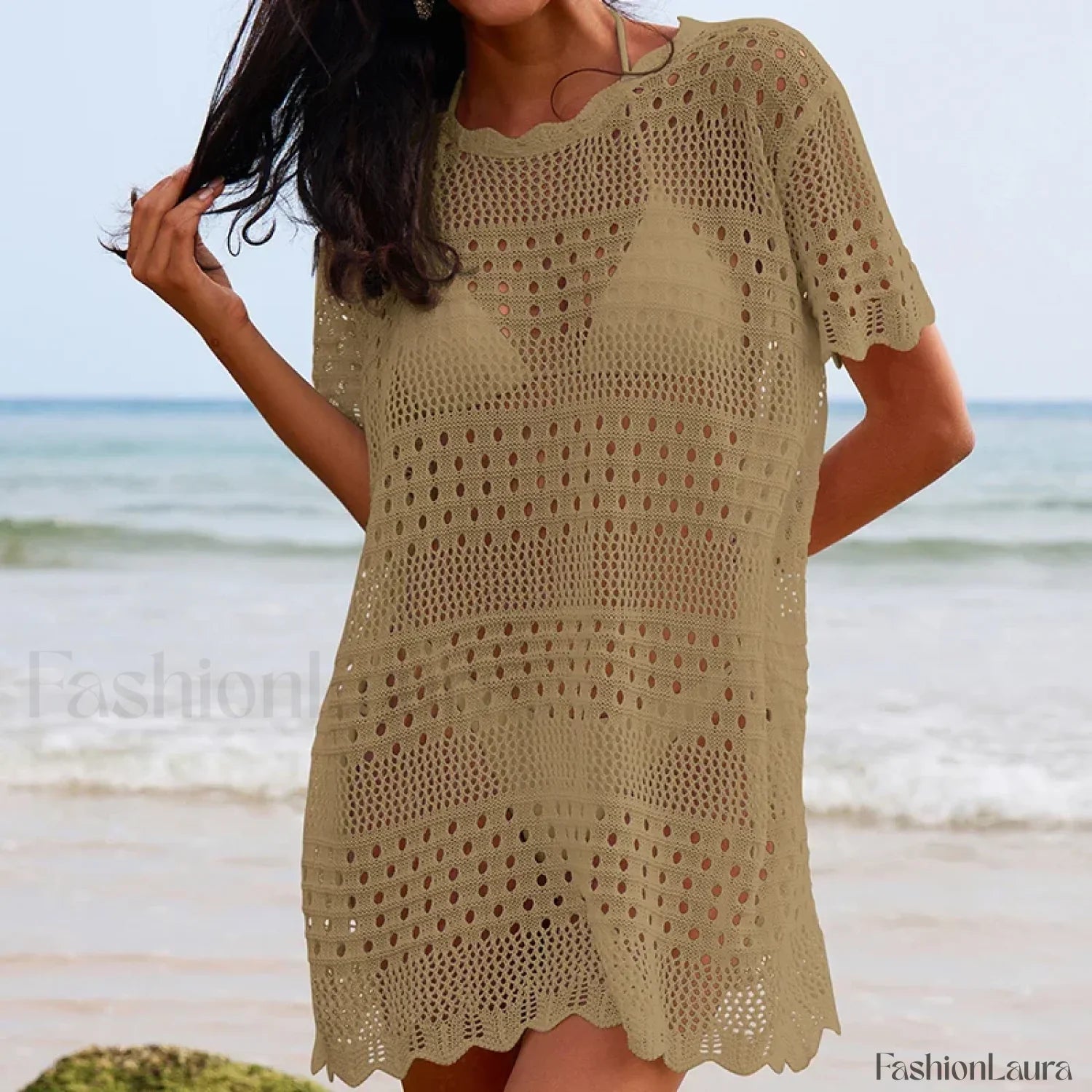 Lace Collar Mid Length Beach Cover Up