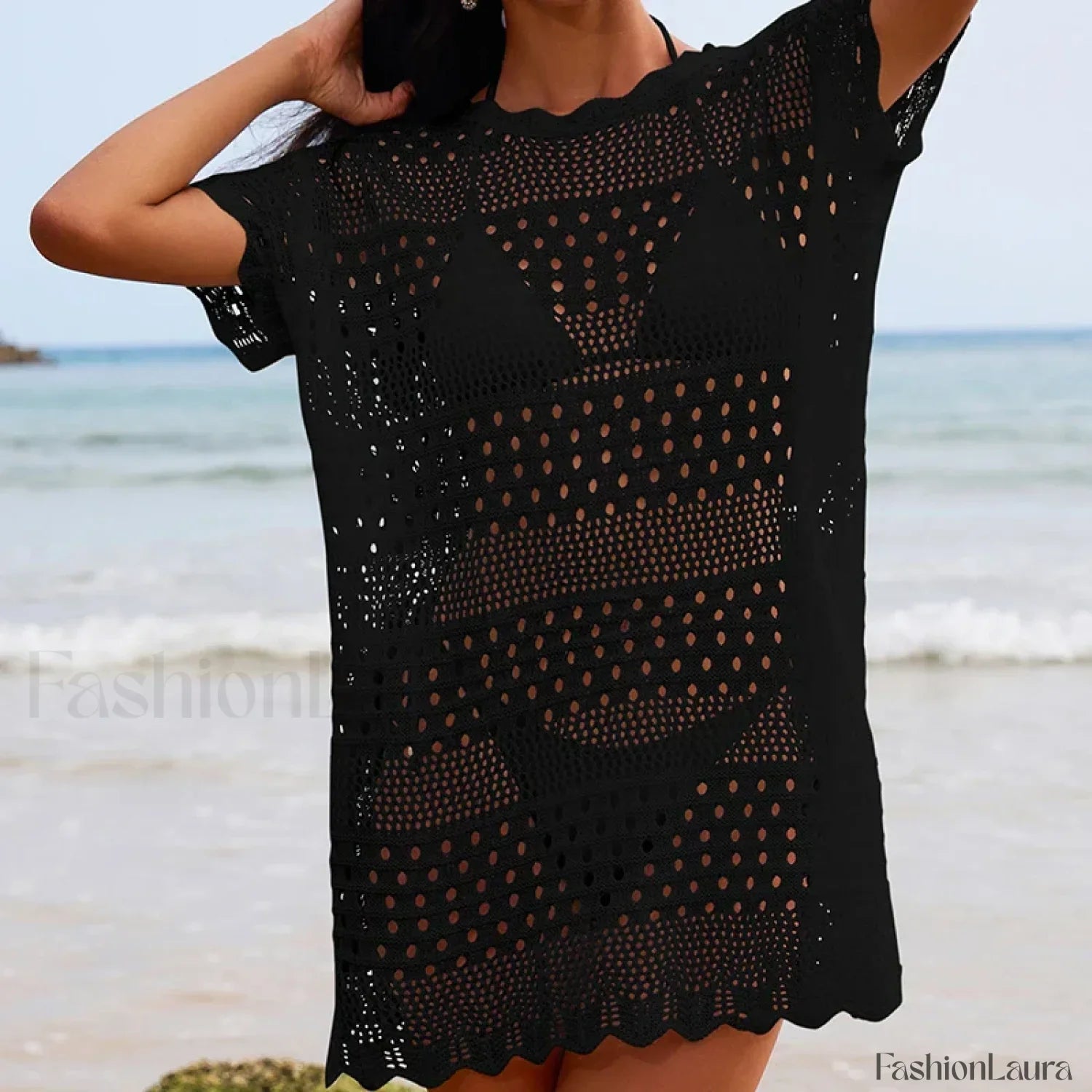 Lace Collar Mid Length Beach Cover Up Black / One Size