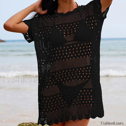 Lace Collar Mid Length Beach Cover Up Black / One Size