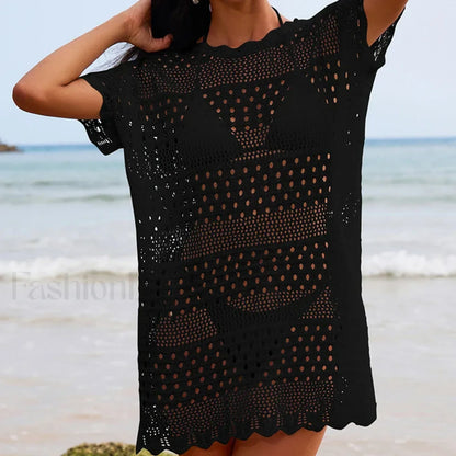 Lace Collar Mid Length Beach Cover Up Black / One Size