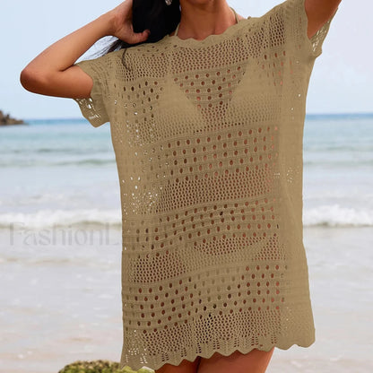 Lace Collar Mid Length Beach Cover Up Khaki / One Size