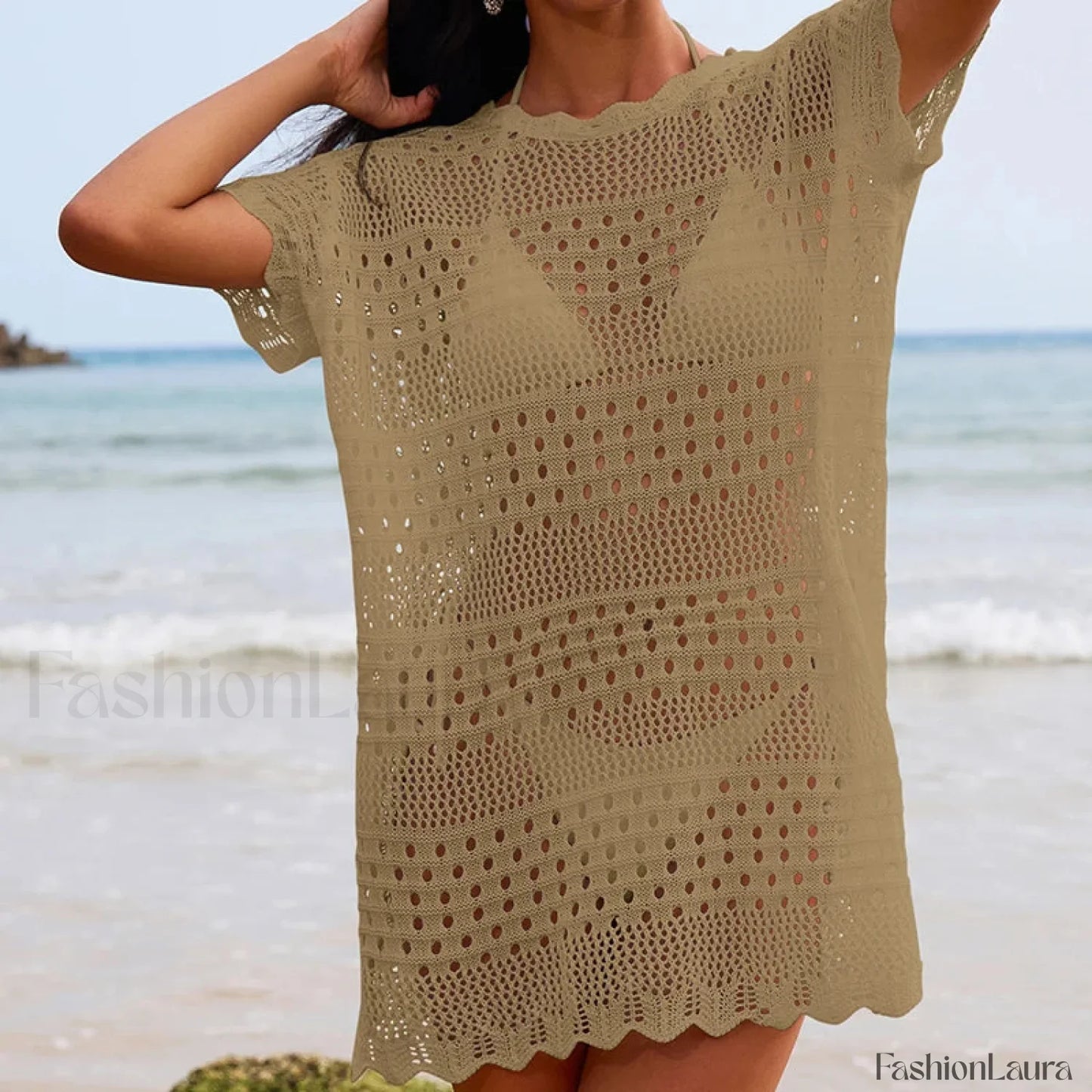 Lace Collar Mid Length Beach Cover Up Khaki / One Size