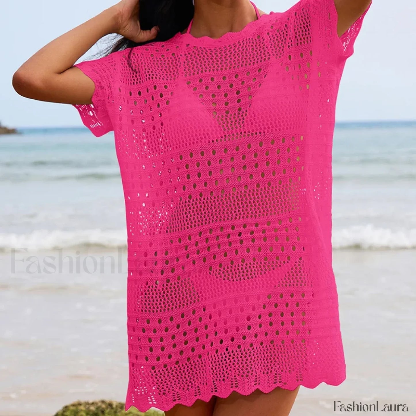 Lace Collar Mid Length Beach Cover Up Rose Red / One Size