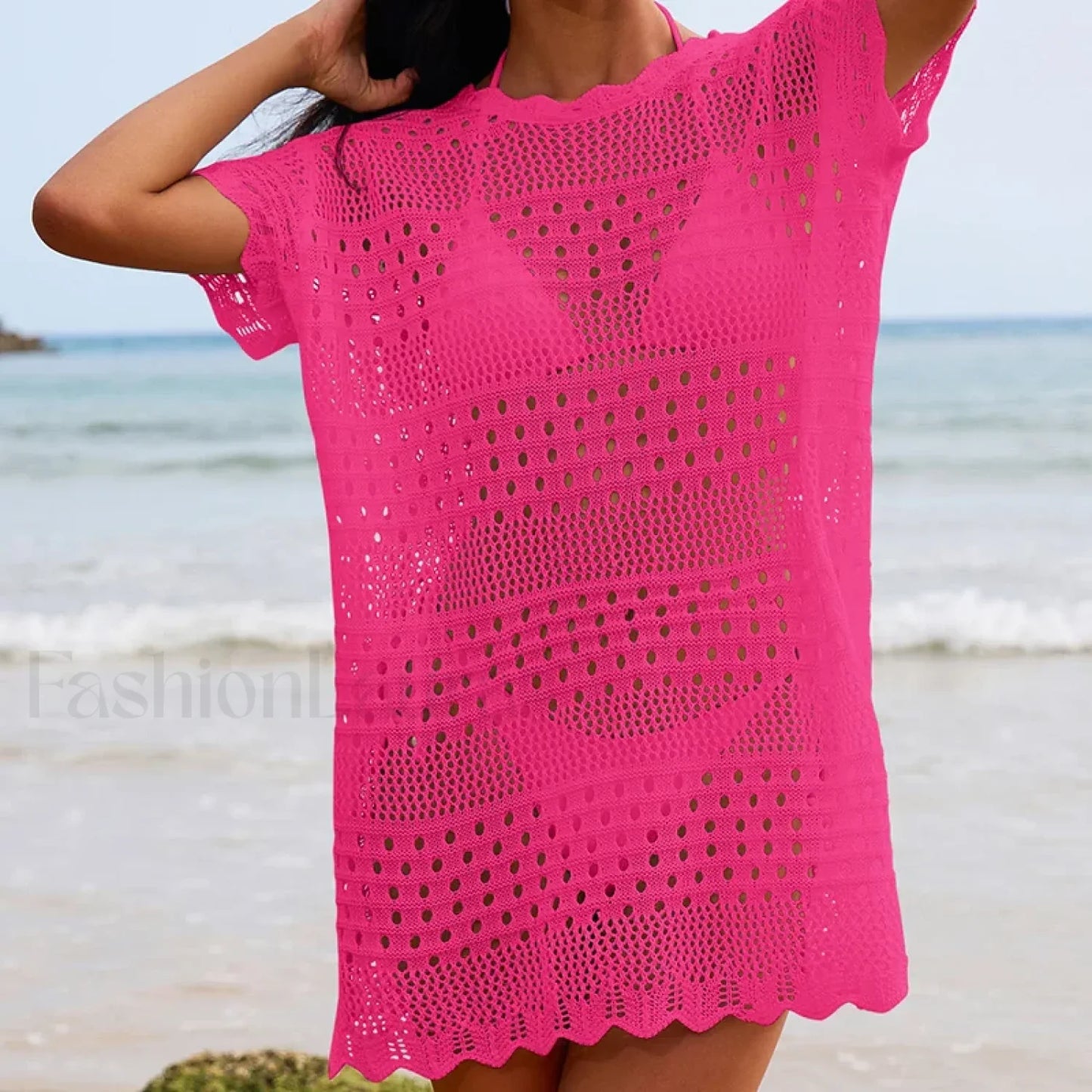 Lace Collar Mid Length Beach Cover Up Rose Red / One Size