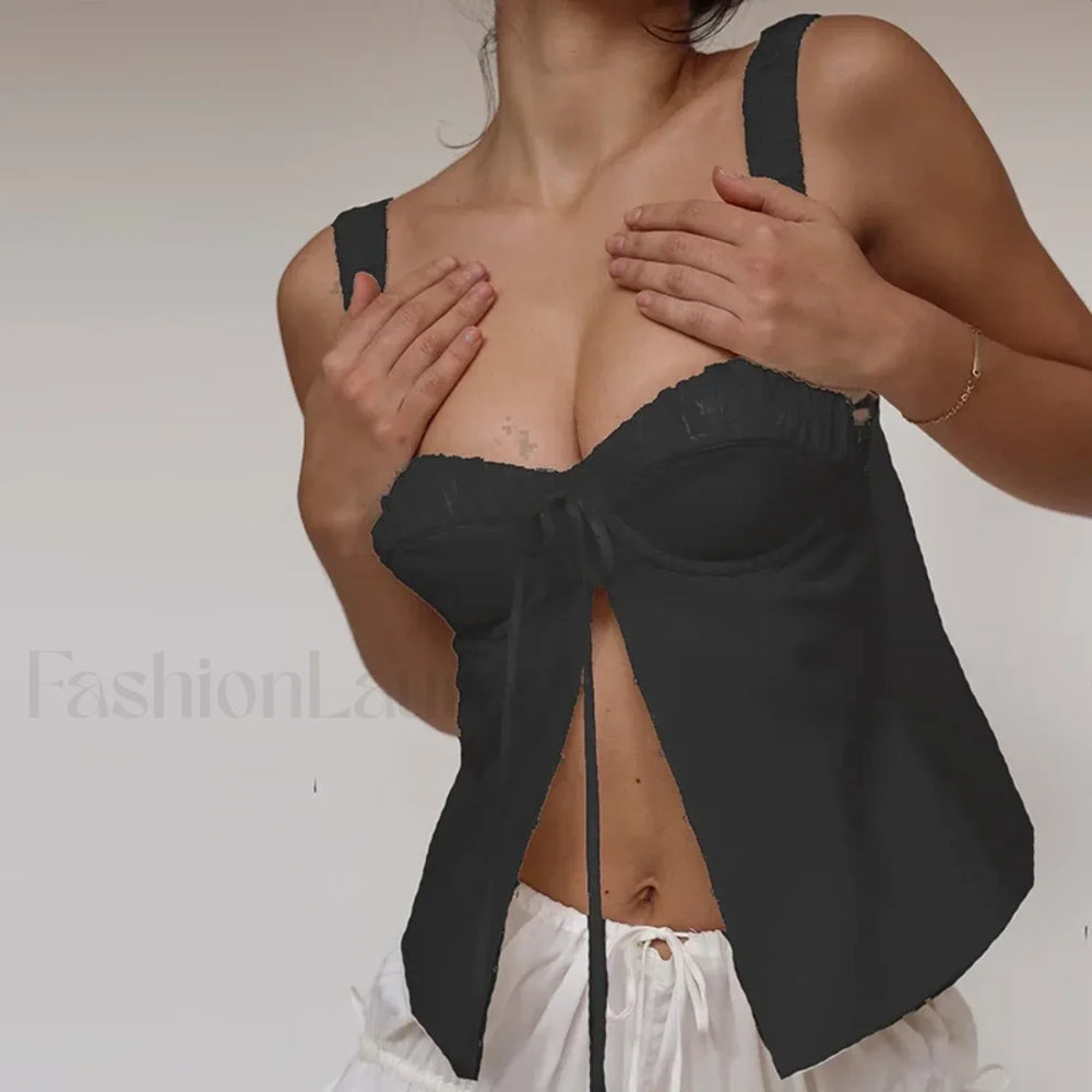 Lace Corset Strappy Crop Top Black / S