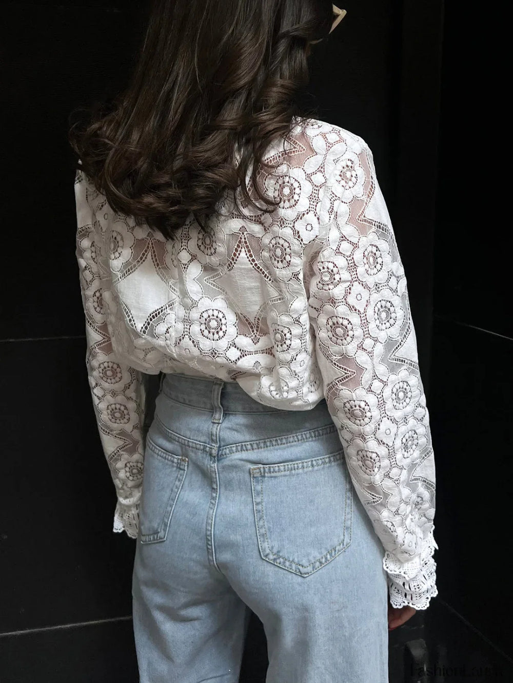 Lace Embroidery Floral Trendy Mock Neck Blouse Blouses