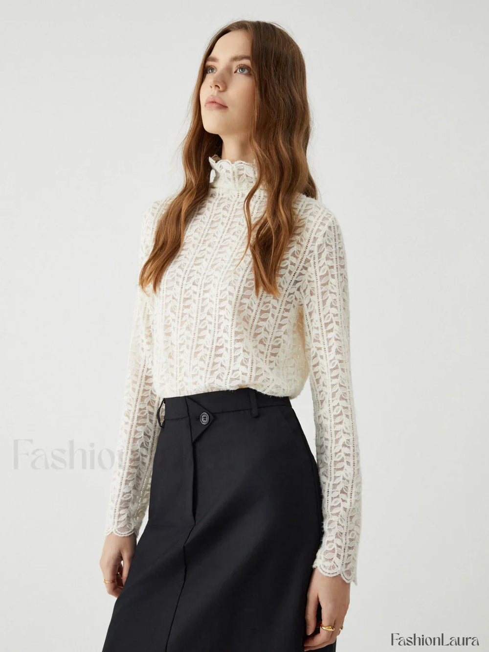 Lace Floral Graceful Pattern Mockneck Top T Shirts