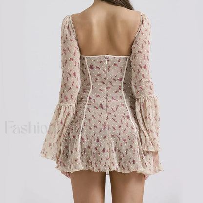 Lace French Light Luxury Flared Sleeve Fishbone Print Floral Dress