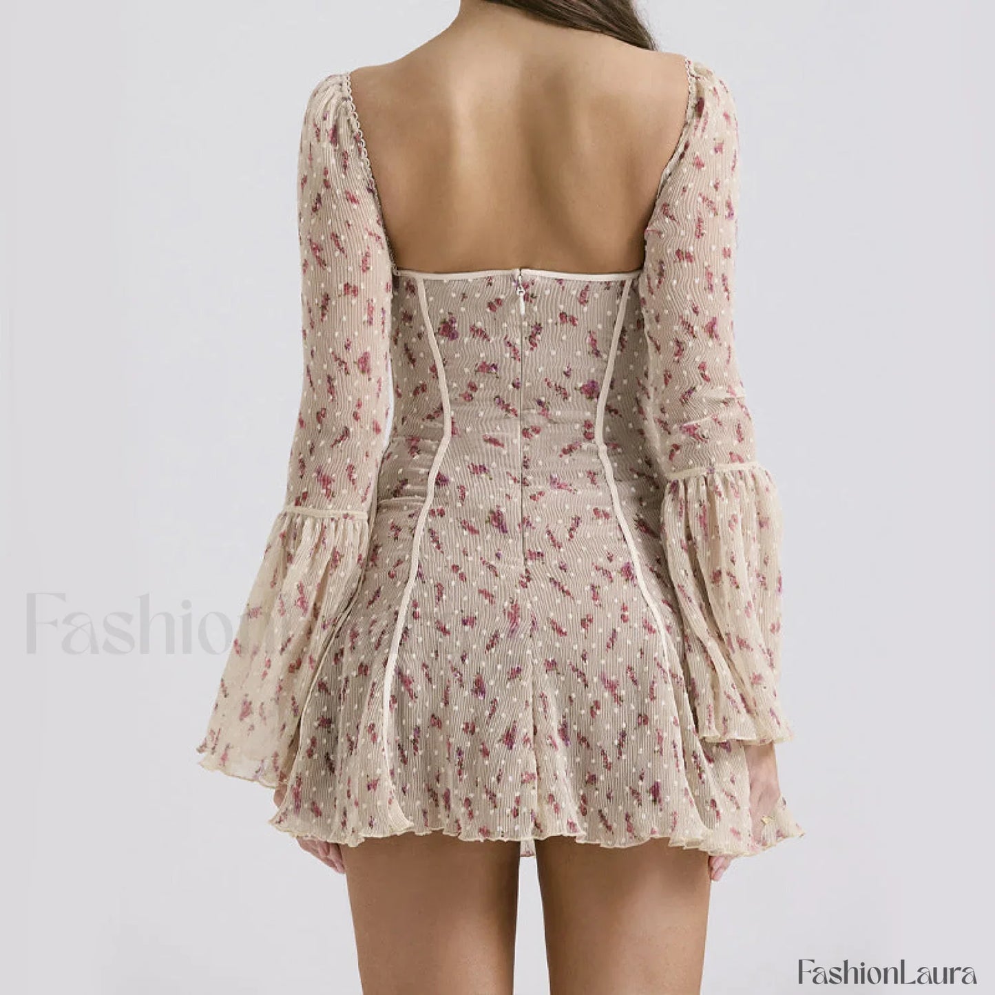 Lace French Light Luxury Flared Sleeve Fishbone Print Floral Dress