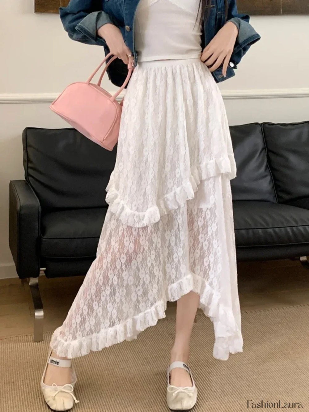 Lace Goth Asymmetrical Ruched Skirt White / S