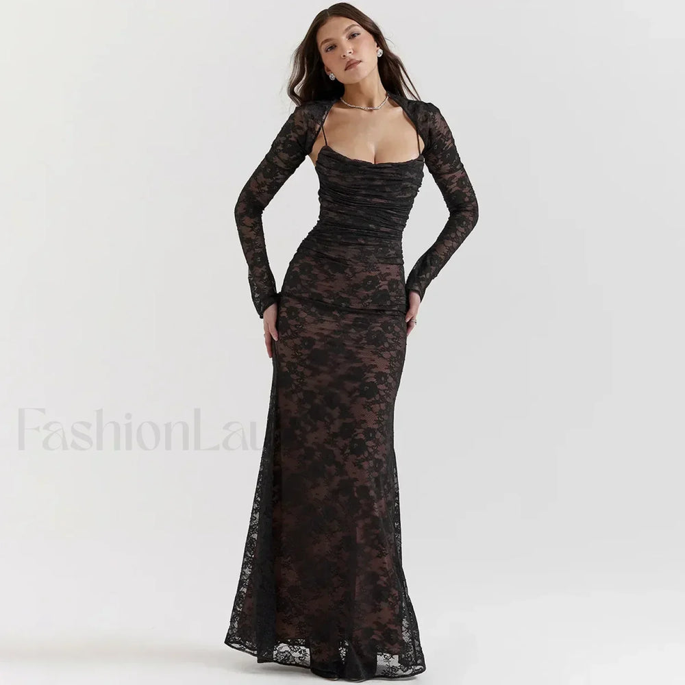 Lace Hollow Cape Maxi Dress Black / S