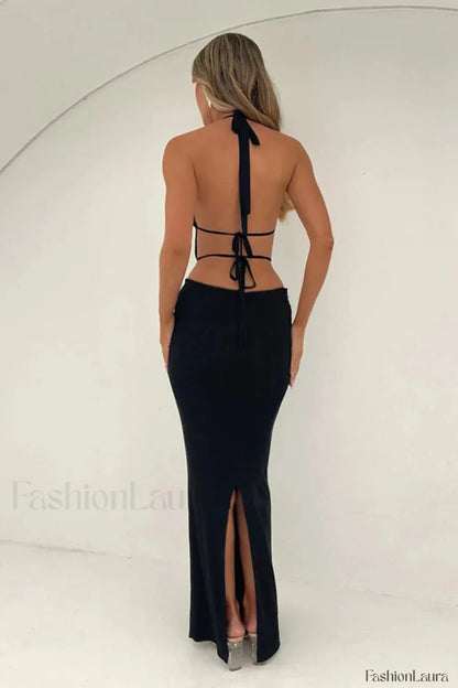 Lace Hollow Deep V Neck Strappy Maxi Dress