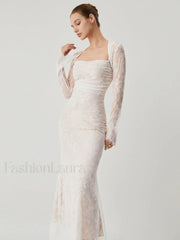 Lace Jacquard Floral Trendy Semi sheer Tied Maxi Dress Dresses