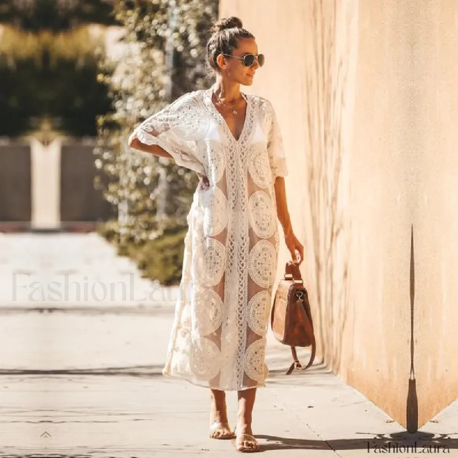 Lace Kaftan Pareo Beach Cover Up WHITE / One Size