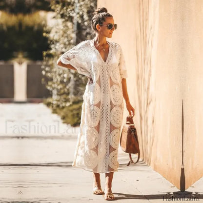 Lace Kaftan Pareo Beach Cover Up WHITE / One Size