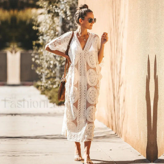 Lace Kaftan Pareo Beach Cover Up WHITE / One Size