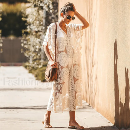 Lace Kaftan Pareo Beach Cover Up WHITE / One Size