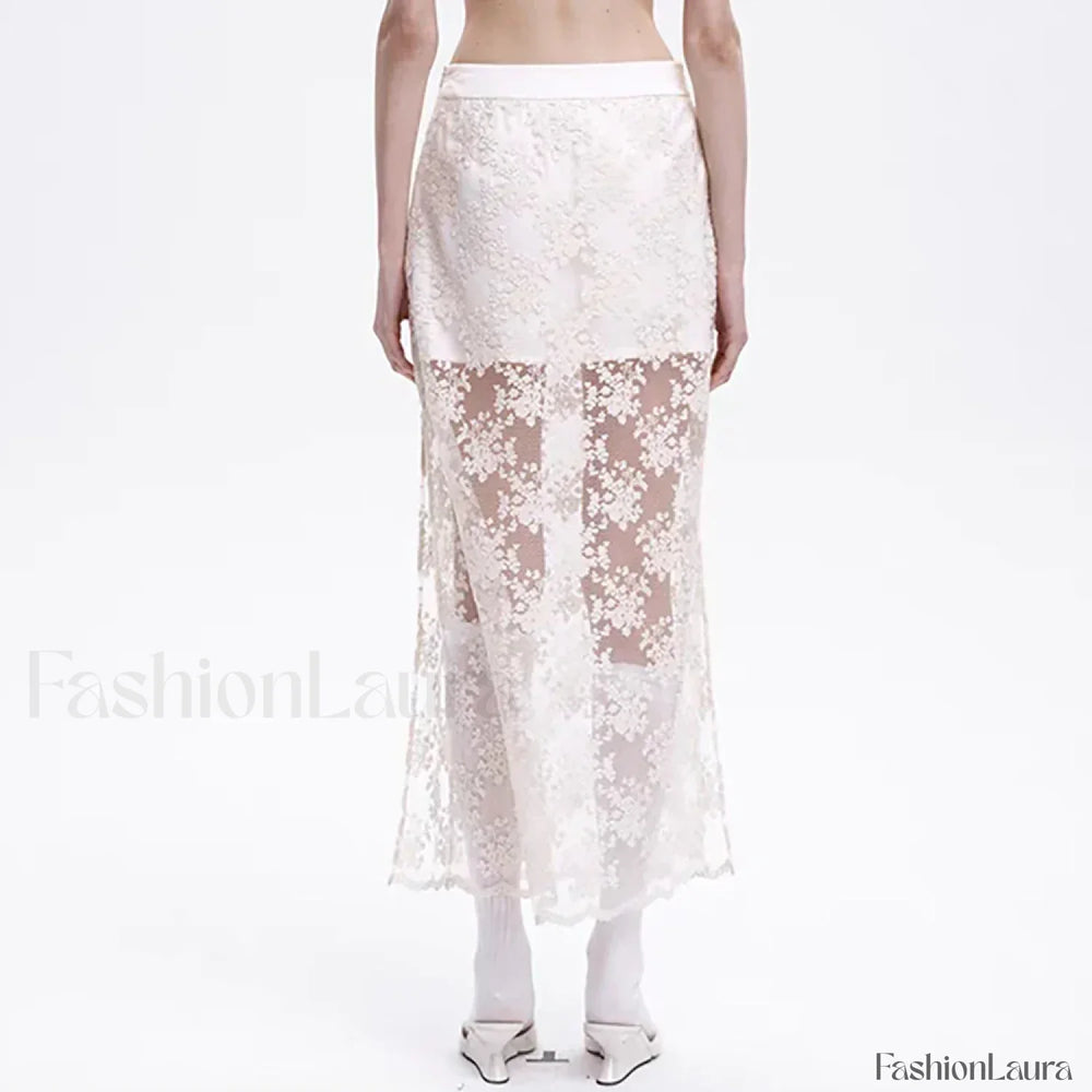 Lace Mesh Side Slit Crochet Skirt