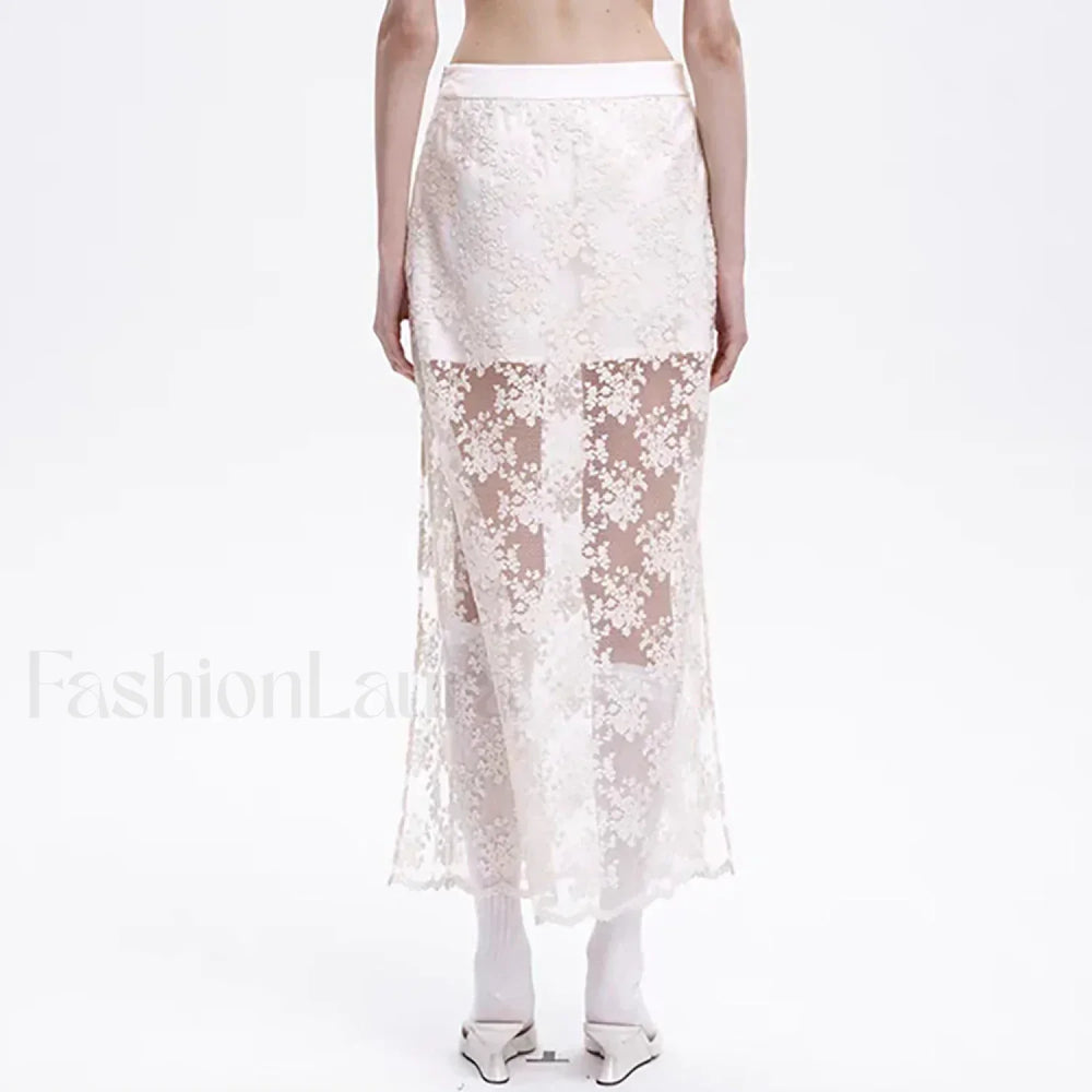 Lace Mesh Side Slit Crochet Skirt