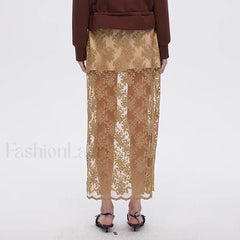 Lace Mesh Side Slit Crochet Skirt