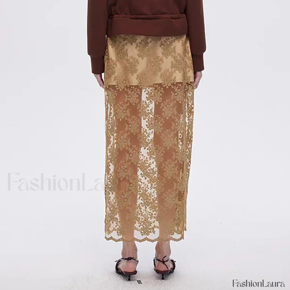 Lace Mesh Side Slit Crochet Skirt