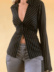 Lace Paneled Long Sleeve Striped Blouse Tops&Tees