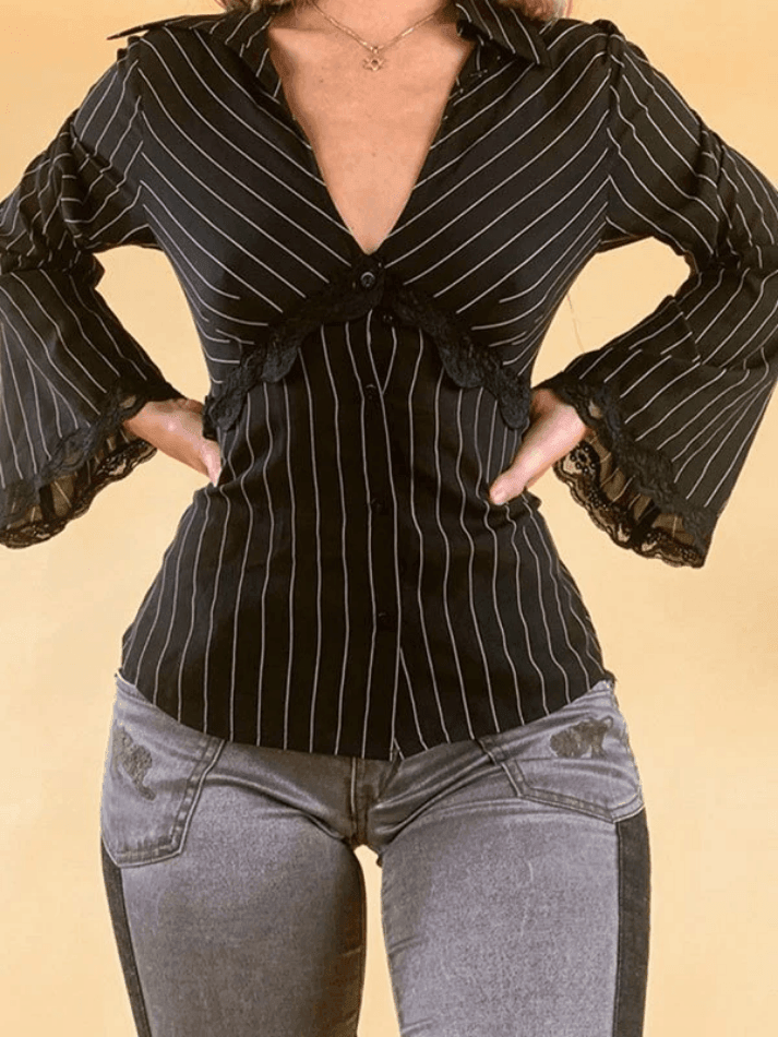 Lace Paneled Long Sleeve Striped Blouse Tops&Tees